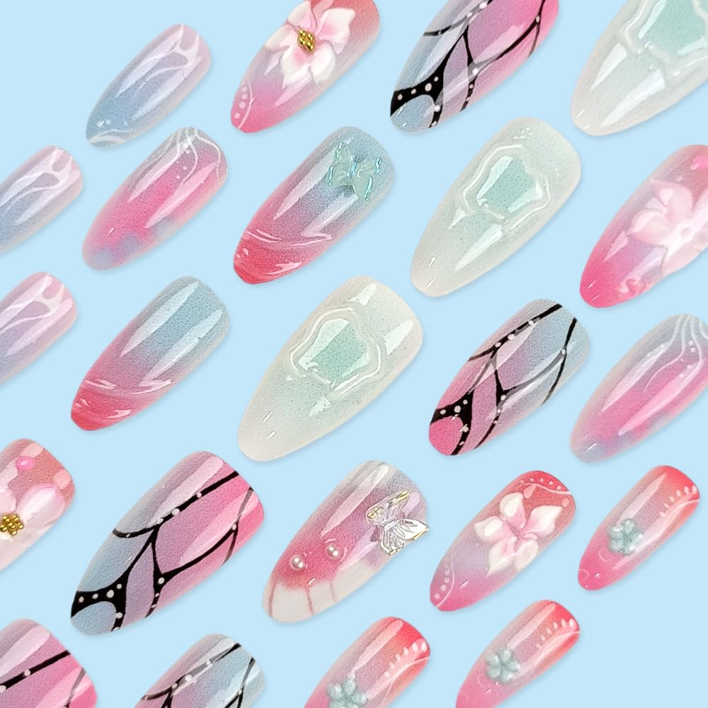 Mkwntg 24Pcs Pink Flower Press on Nails Medium Almond Fake Nails with 3D Gold Beads Pearl Butterfly Rhinestones Design Spring Floral Ombre Acrylic False Nails White Nude Stick on Nails for Women DIY