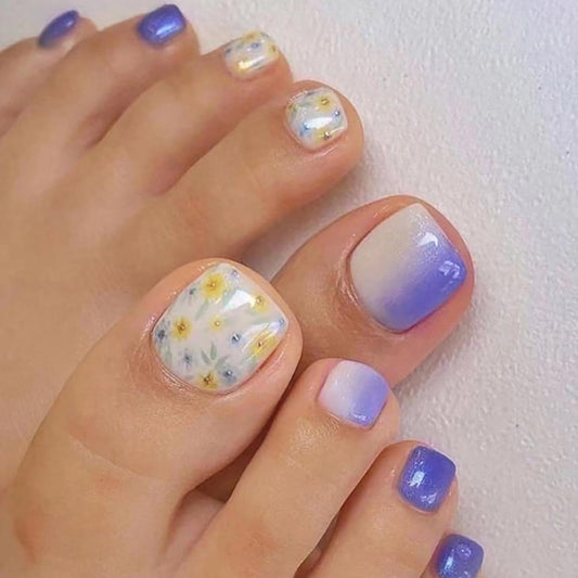 Press on Toenails with Flower Designs, Artificial Purple Fake Nails for Toe, Full Cover Glossy Coffin Acrylic False Nails, Glue on Toenails with Charm, Stick on Toe Nails for Women Girls(F114)