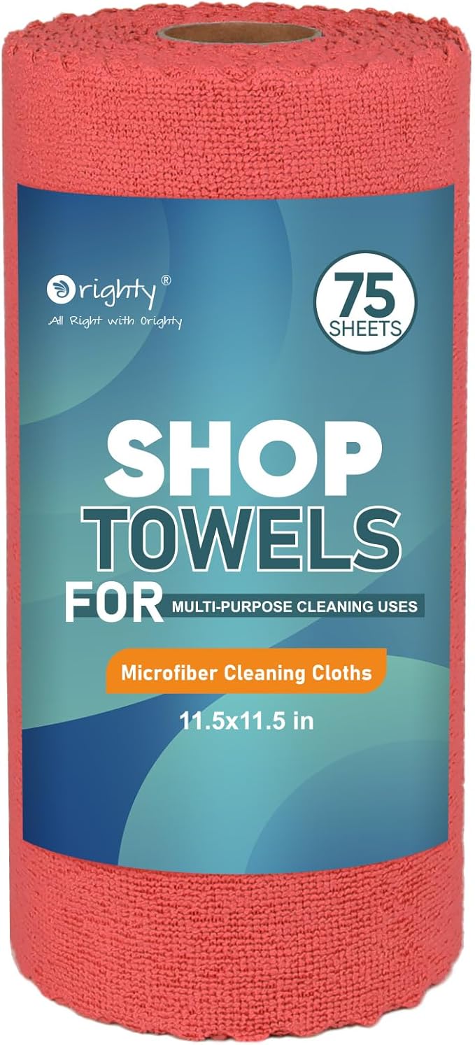 Orighty Microfiber Cleaning Cloths, 75 Sheets Shop Towels, Reusable Paper Towels Shop Rags, Washable Microfiber Towel Roll Cleaning Rags for Cars, House, Kitchen, 11.5ââ x 11.5ââ, Red