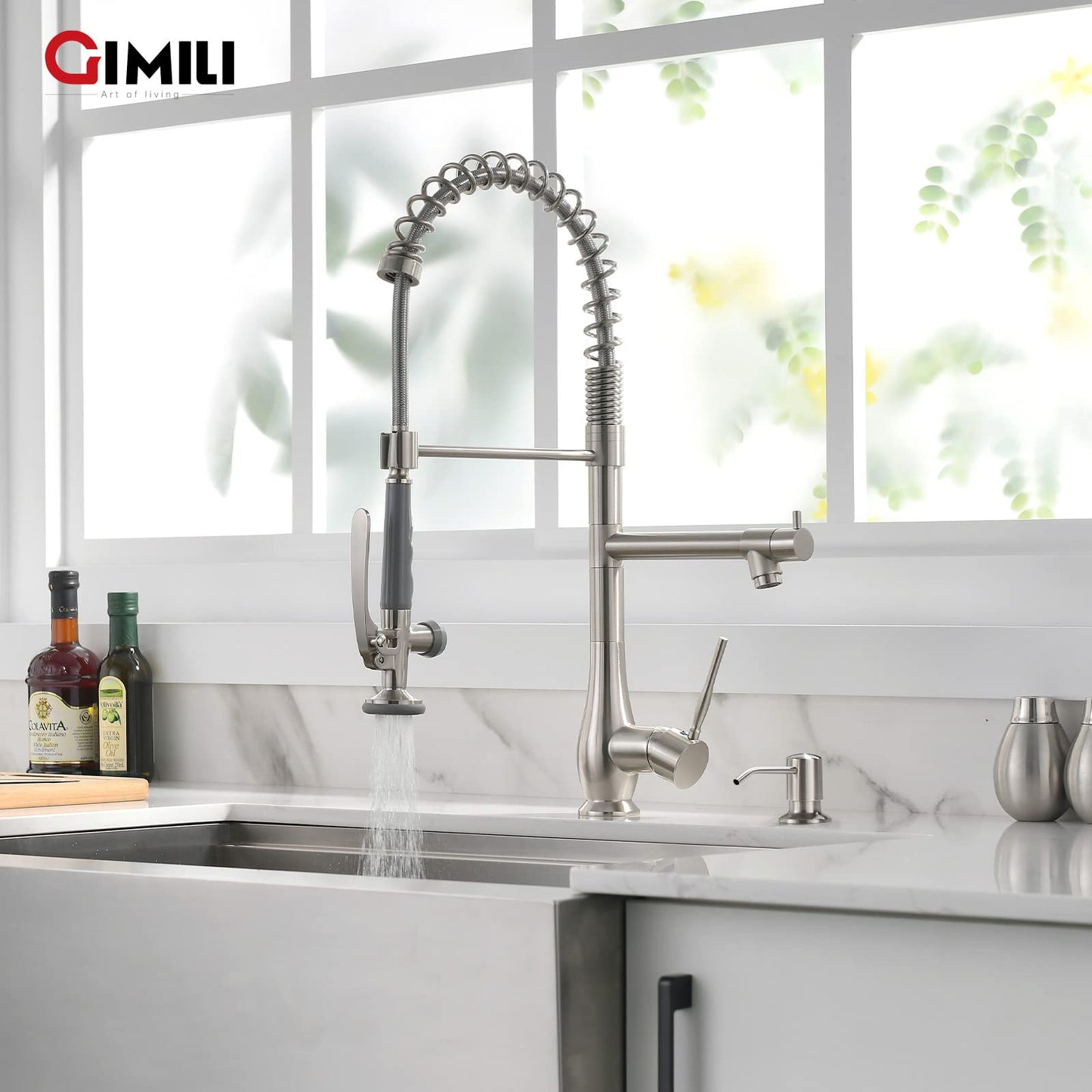 GIMILI Commercial Kitchen Faucet with Pull Down Sprayer, Double Headed Single Handle High Pressure Kitchen Faucet with Soap Dispenser Brushed Nickel