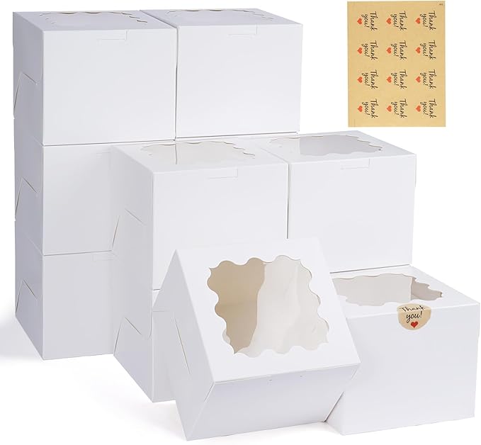WINKIO 12 Pieces Cookie Boxes with Window, 6Ã6Ã5 Inches White Treat Boxes for Bakery Dessert Pastry Mini Cake Favor Donut Baked Goods (with Stickers)