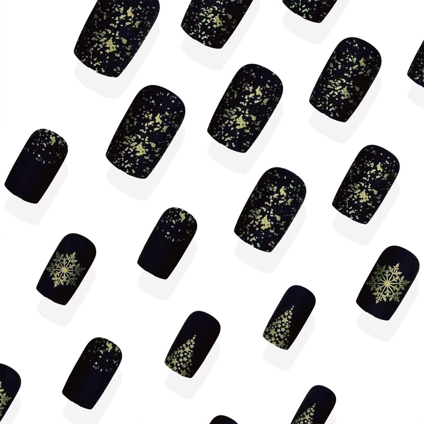 LWTZLW Christmas Press on Nails Snowflake Medium Square False Nails Gold Christmas Tree Full Cover Glue on Nail Broken Gold Design Acrylic Fake Nails Winter Artificial Matte Nail Reusable for Women