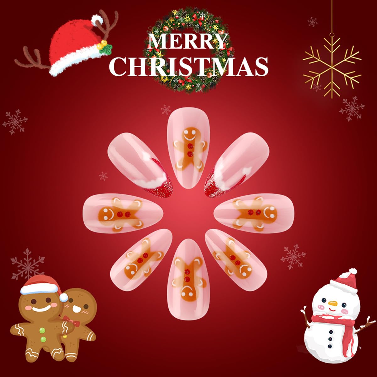 Christmas Press On Nails Medium Almond Fake Nails Gingerbread Santa Hat With Candy Cane Bow Design Xmas False Nails Full Cover Cute Acrylic Glue On Nail Winter Stick On Nails For Women 24pcs