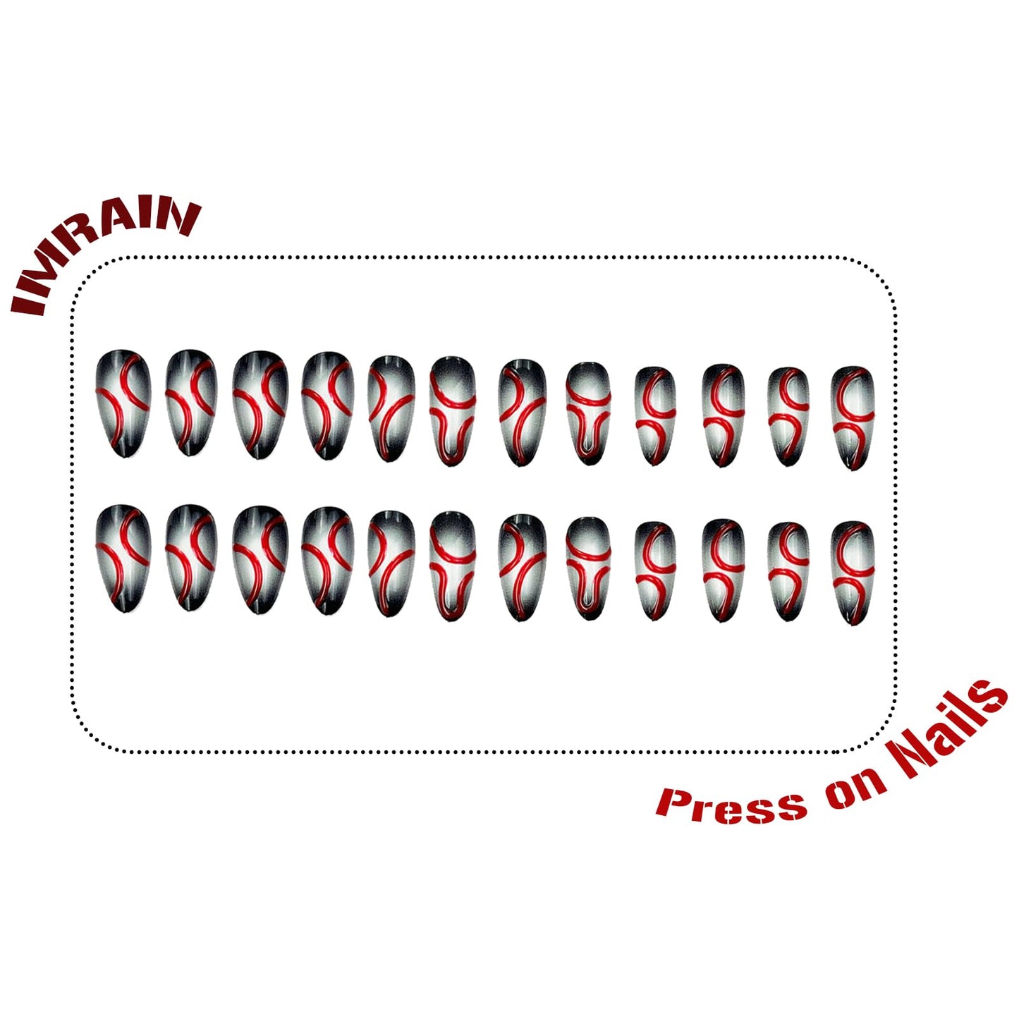 IMRAIN Press on Nails Medium Almond Fake Nails Black White Ombre False Nails with 3D Red Line Designs Full Cover Glossy Y2K DIY Nail Supplies Glue on Nails for Women Girls 24Pcs