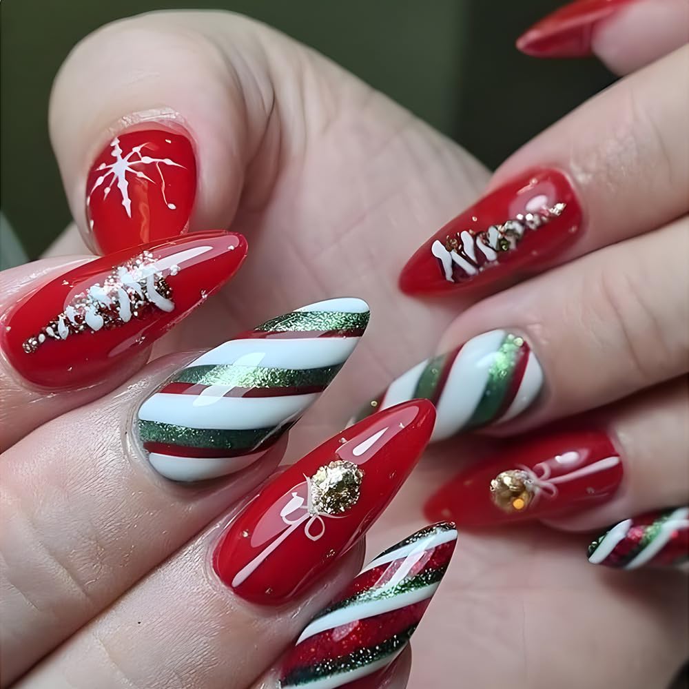 24Pcs Christmas Red Snowflake Press on Nails Long Almond Red Green Stripes Fake Nails with Glitter Christmas Tree Designs False Nails Full Cover Glossy Acrylic Holiday Stick on Nails for Women Girls