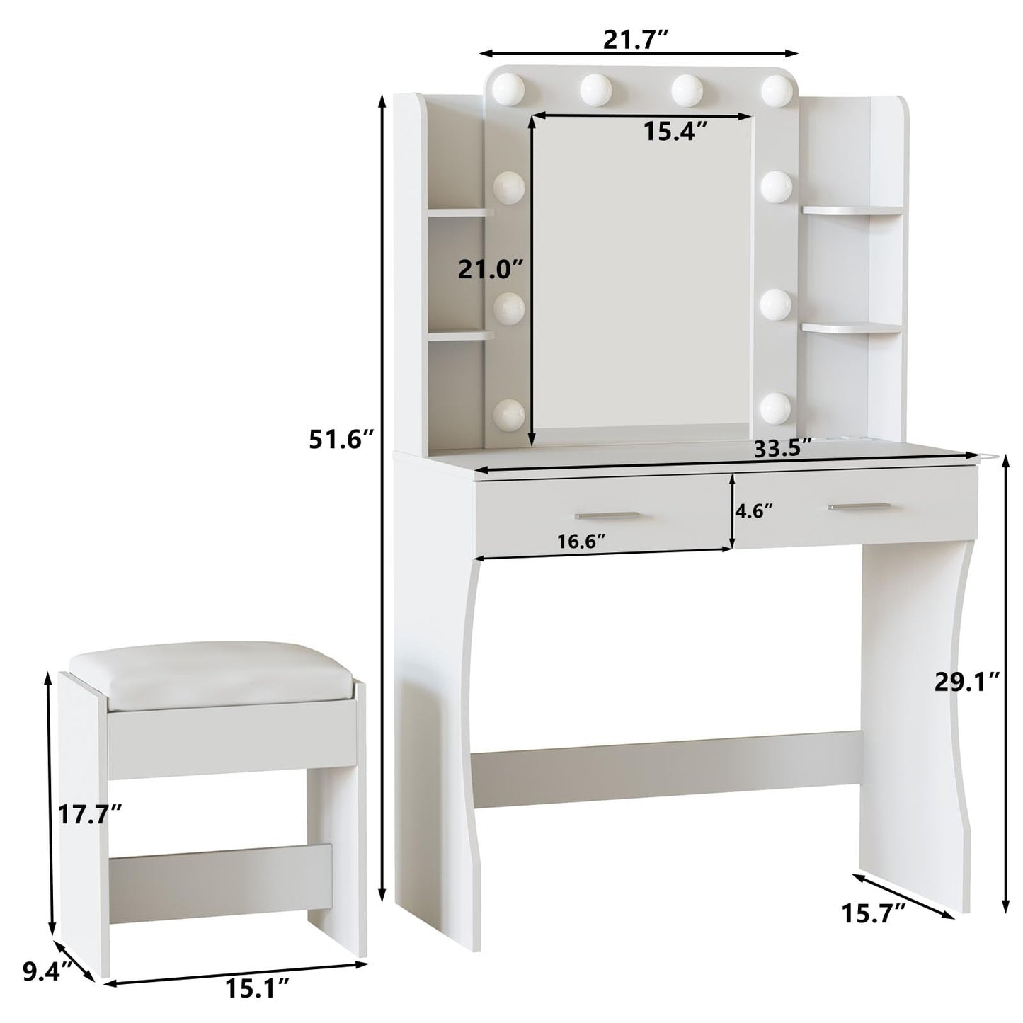Vabches Vanity Desk with Mirror and Lights,Makeup Vanity Table with Charging Station,Vanity Set with 2 Drawers & Lots Storage Space,3 Lighting Modes Adjustable Brightness,White
