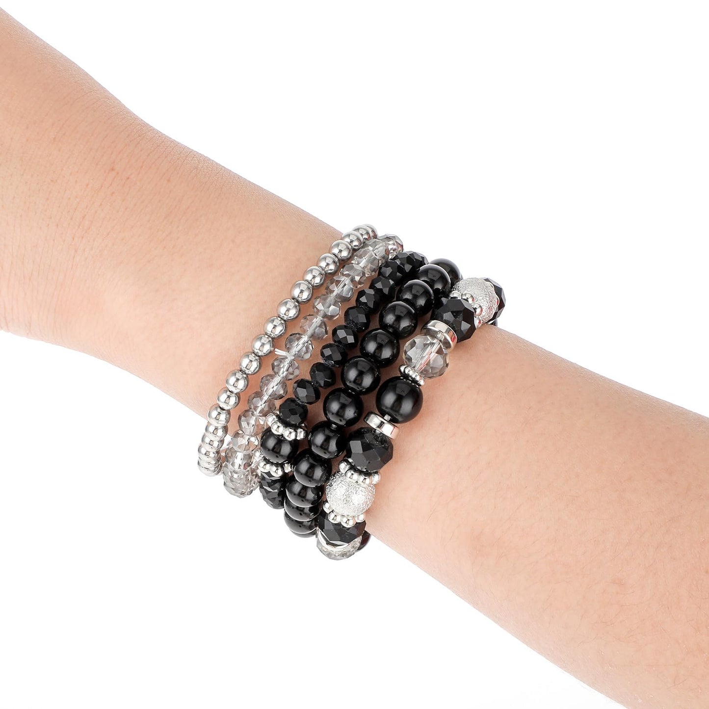 5 Pcs Beaded Stretch Bracelets Black Stackable Bracelets Crystal Bead Bracelet Boho Beaded Bracelets Stretch Layering Crystal Stone Beaded Bracelets Trendy Costume Jewelry Gifts for Women