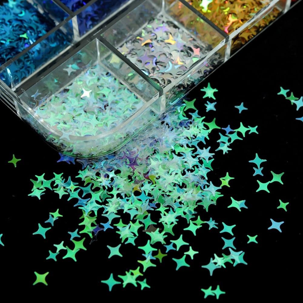 1 Box 12 Color Holographic Star Nail Glitter Silver Gold Nail Sequins 3D Colorful Nail Flakes Sparkly Powder Flakes Shiny Nail Glitter Laser Nail Sequins Glitter for Nails Art 12 Grids