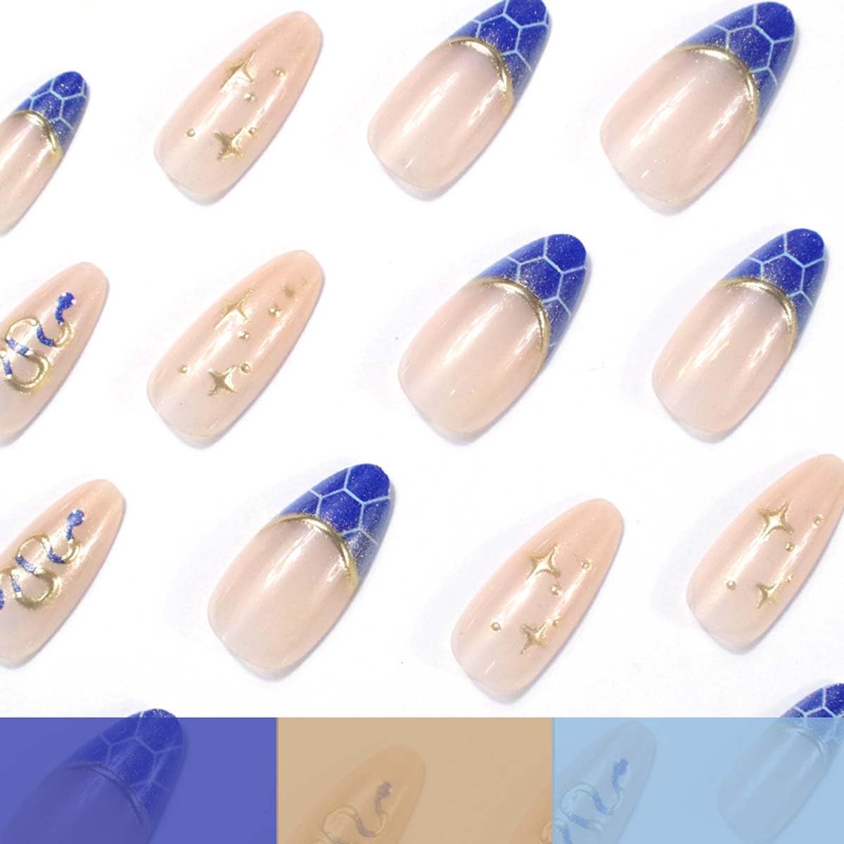 LINMEIZAI 24 Pcs French Tip Press on Nails Short Almond 3D Snake Fake Nails Press ons Nail Tips Glue on Nails Acrylic Nail Kit with Glitter Blue Design False Nails Stickers Nail Art for Women
