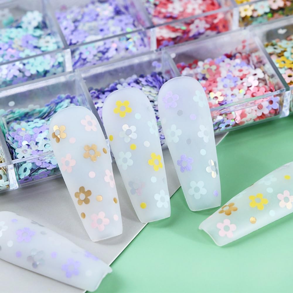 1 Box 6 Color Holographic Flower Nail Glitter Laser Aurora Pink Nail Sequins 3D Blue Purple Nail Flakes Sparkly Powder Flakes Shiny Nail Glitter Colorful Nail Sequins Glitter for Nails Art 12 Grids