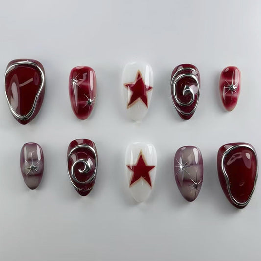 24Pcs Short Almond Press On Nails Patriotic Red Star Fake Nails with Silver Chrome Swirl Lines Designs Y2K Acrylic False Nails Glossy Full Cover Independence Day Stick On Nails for Women DIY Manicure