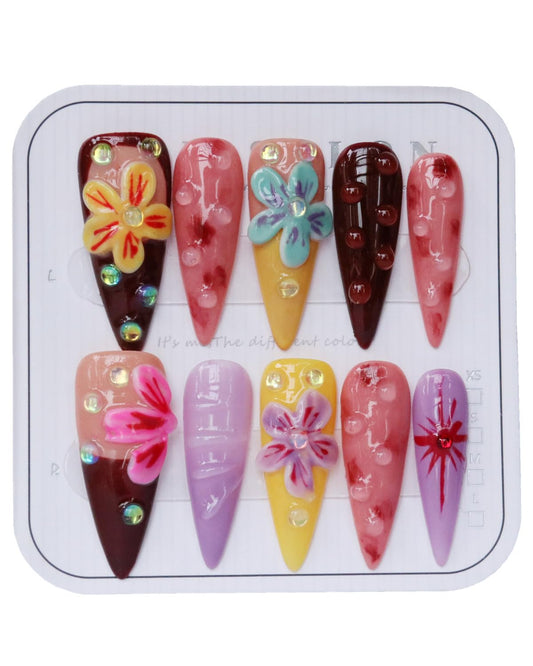 CAMILCY Luxury Handmade Press on Nails Long Almond Tip Stiletto Glossy 3D Flower Salon Hand painted Fake Nails Chocolate Pink Purple Reusable Nails Full Cover Acrylic Nails for Women 10psc (B08, S)