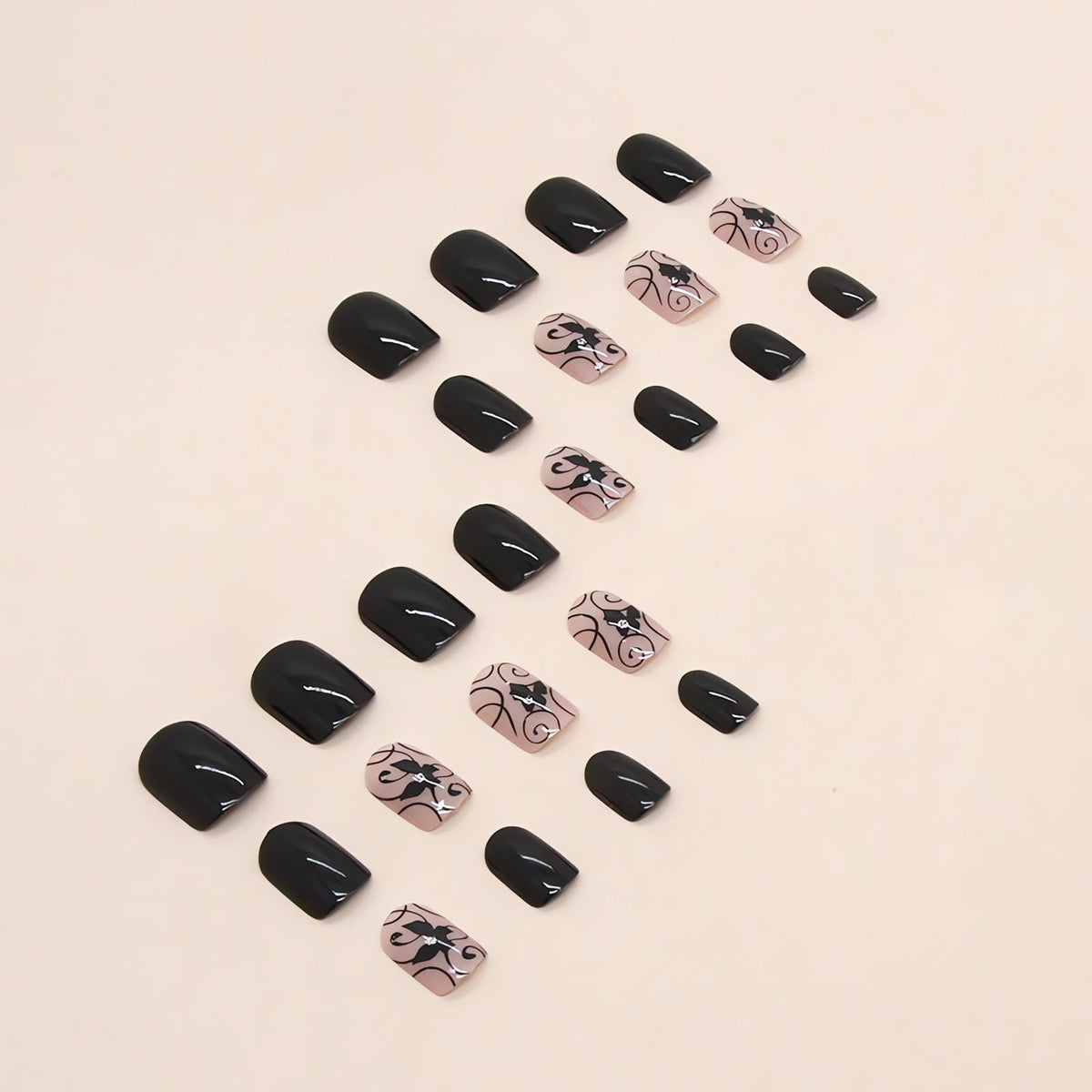 Extra Short Press on Nails Square Black Fake Nails Glossy Acrylic Glue on Nails Butterfly Rhinestone Designs Gel Nails Press ons Cute Stick on Nails for Women Manicure Tips Decorations 24Pcs