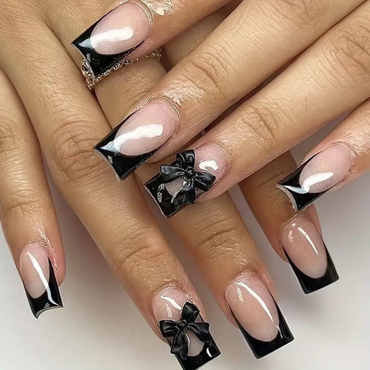 Black French Tip Press on Nails Square Fake Nails Medium False Nails with Bow Charms Design Glue on Nails Glossy Full Cover Stick on Nails Cute Acrylic Nails Press ons for Women Manicure 24Pcs