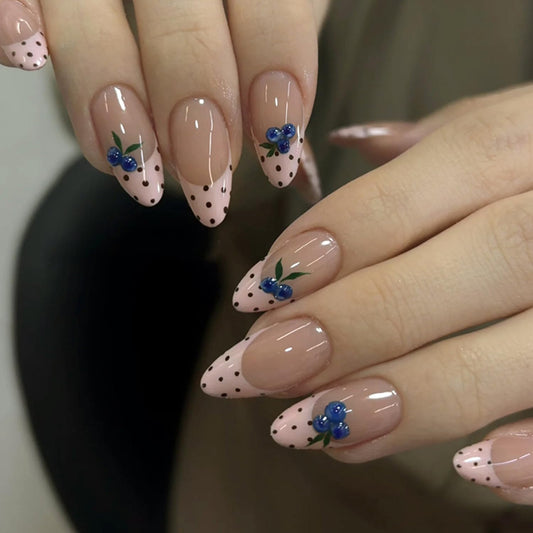 Nude Pink Press on Nails Medium Length Artificial Acrylic French Black Polka Dots Tip Fake Nails 3D Blueberry Almond Coffin Nail Spring Design Stick on Nail Artificial Fingernails for Women Manicure