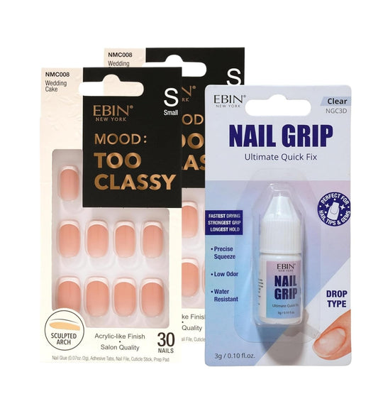 Kiss Press on Nails Short – 2x Mood Too Classy Wedding Cake Bundle with Nail Grip by EBIN NEW YORK – French Manicure Style Press On Nails with Secure Hold & No Glue Application – Gift Set (3 Items)
