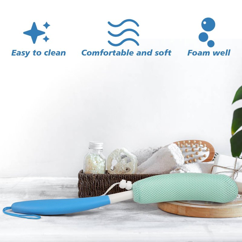 KkaFFe Back Scrubber for Shower，Mesh Sponge Body Shower Brush with Long Handle for Use in Shower Back Scrubber,Back Scrub for Exfoliating Body Scrubber or Shower Brush (Blue and Blue)