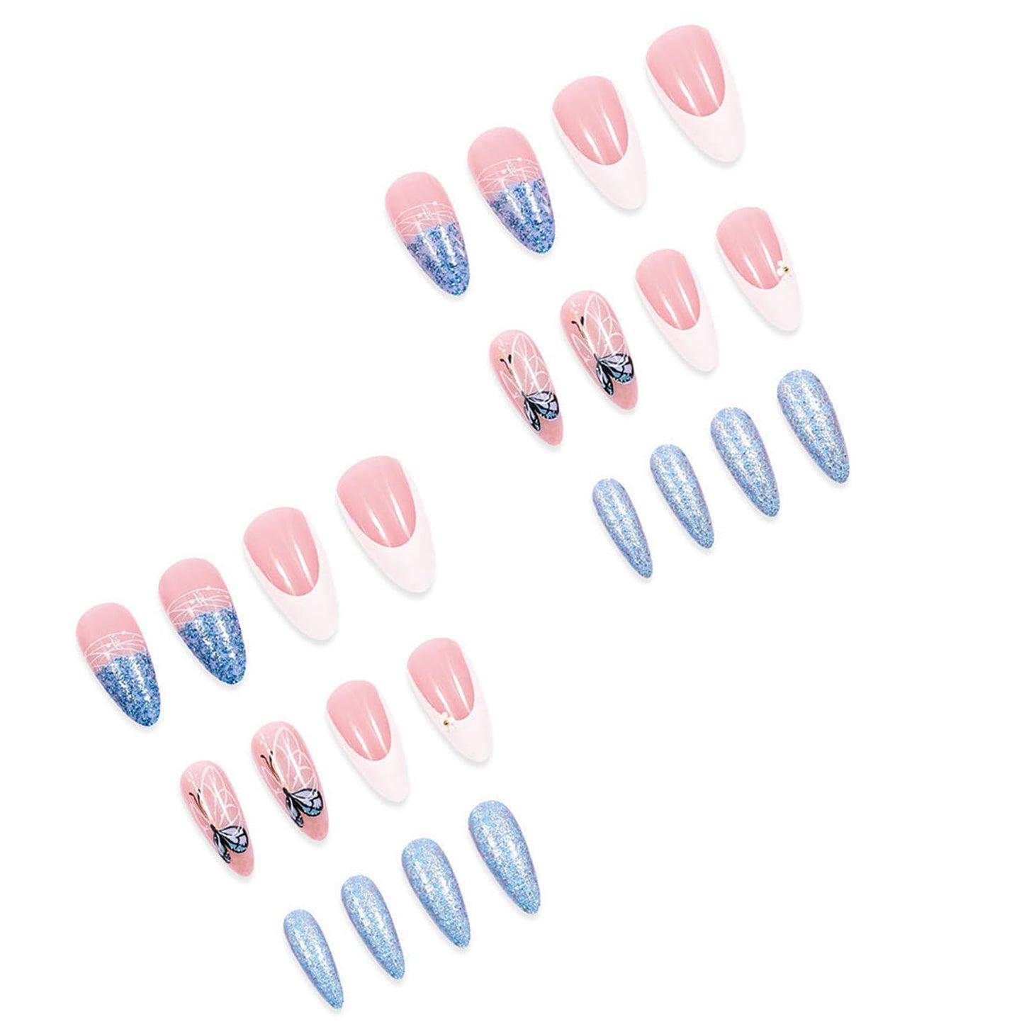 IMSOHOT Blue Press on Nails Medium Almond Fake Nails White French Tip False Nails with Butterfly & Glitter Designs Glossy Full Cover Acrylic Stick on Nails for Women Girls 24Pcs