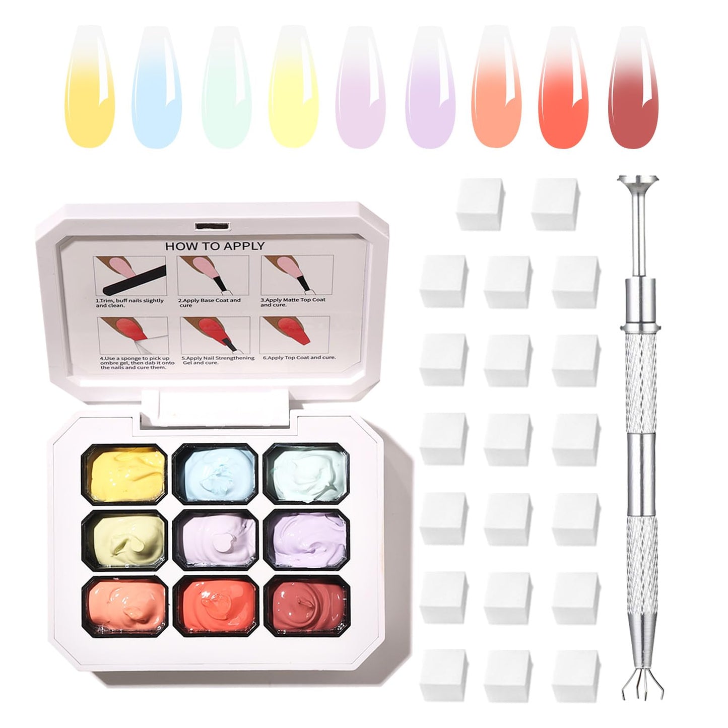 AOBOO Ombre Gel Nail Polish with Nail Art Sponges for Pat Gel Ombre Color Palette Blush Effect Pat Painting Gradient Blooming Gels 9colors for Ombre Nails Multistyle French Manicure DIY