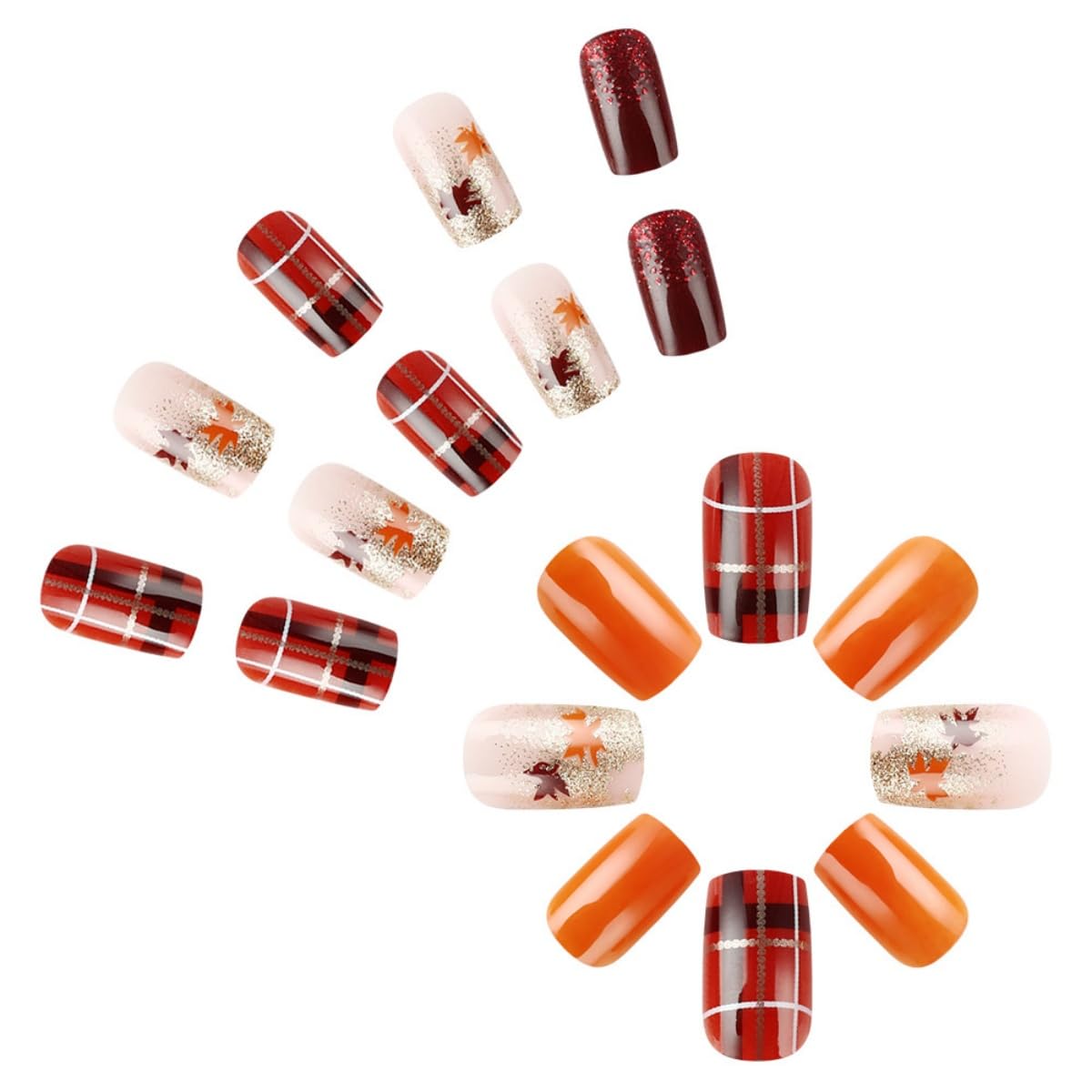 24Pcs Thanksgiving Press on nails Medium Square Fake Nails Maple Leaves Gold Line Design Stick on Nails Glitter False Nails Orange Full Cover Acrylic Glue on Nail for Women Nail Art Decoration