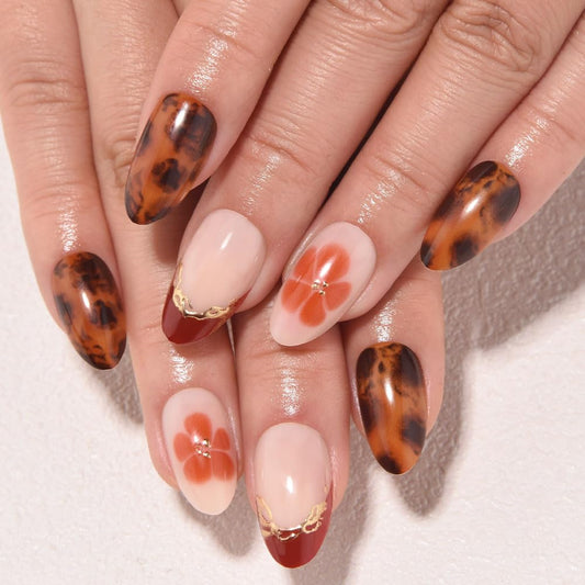 evpct 3D French Press on Nails Short Almond with Gold Line Design, Dark Red French Tip Stick on Nail for Women with Kit, Reusable Full Cover Press on Fake Nail with Flower Tortoise Shell Design