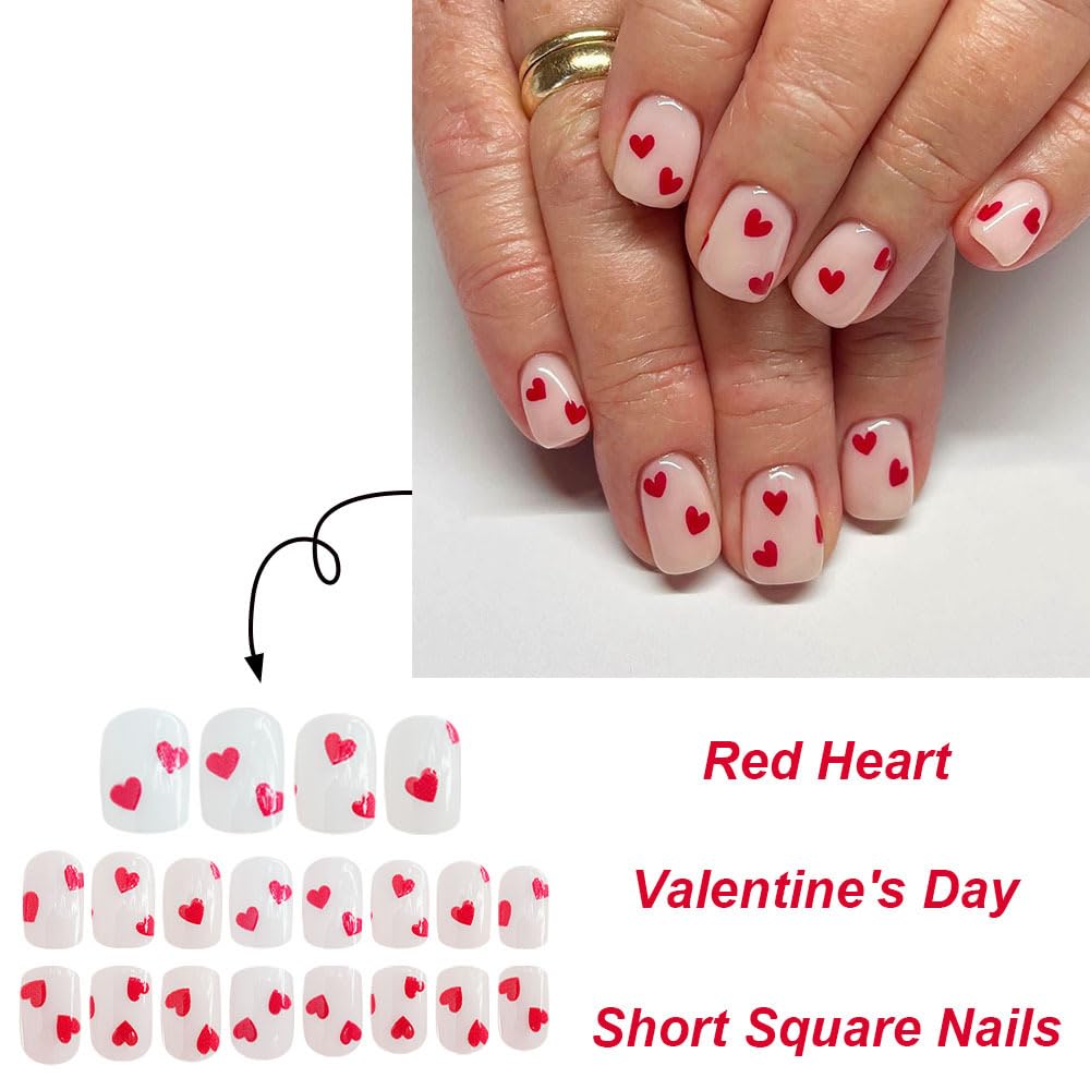 CEWEWP 24Pcs Valentines Press on Nails Short Square Red Heart Fake Nails with Design Valentines Day Glue on Nail Acrylic Nails White False Nails Full Cover Stick on Nail for Women Girls