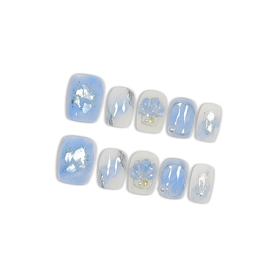 Hantyer Press on Nails, Short Coffin Fake Nails, Blue Marble & Hand-Painted Silver Streaks, Icy Blue Glittering Nails, Handmade Nails Sweet Style for Office, Holiday Parties & Special Events(Size M)