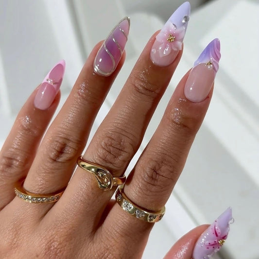 LPOODDNU Purple Pink Press on Nails Almond - Medium 3D Embossed Flower Fake Nails with Pearl Designs, Glossy Finished Reusable False Nails with Adhesive Glue Tabs - 24Pcs Nail Kit for Women Manicure
