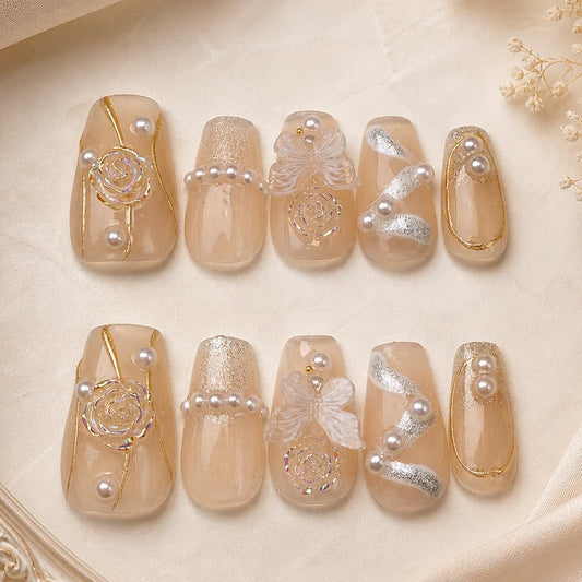 2IM Studio Handmade Press On Nails – 10 Piece Soft Gel Nail Kit with Glue & Tool Set, Reusable Artisan Nails, Salon-Quality Finish (Champagne Lace-S)