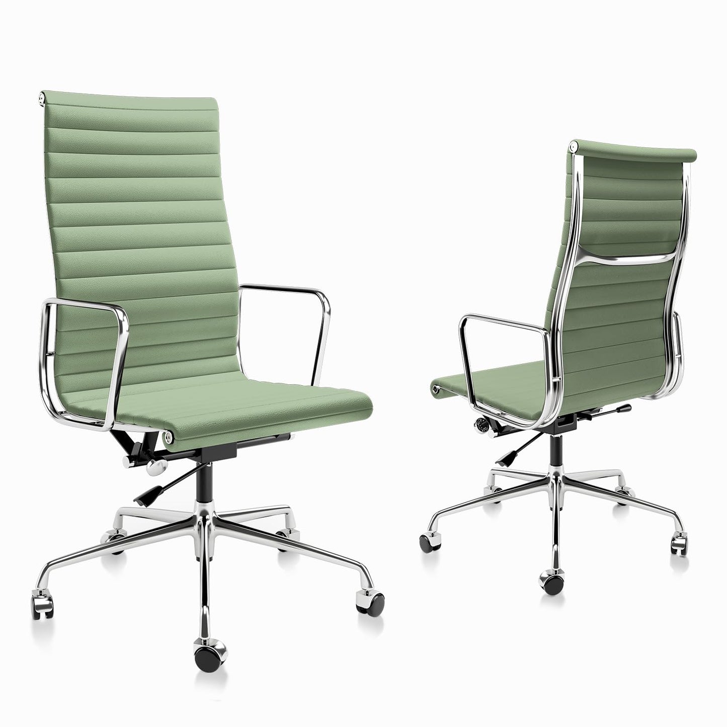 OTDMEL Ribbed Office Chair with Top Grain Leather - High Back Ergonomic Desk Chair with Aluminum Arm Rest and 5-Star Base, Swivel Chairs Light Green