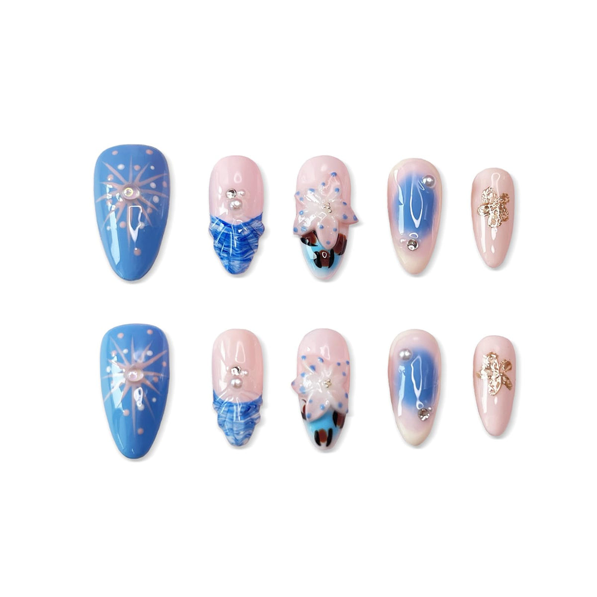Handmade Press on Nails Medium Almond Fake Nails Press Ons Summer 3D Luxury Cute Flower Full Cover Stick on Nails Floral Glue on Nails for Women Girls Manicure (Blue Summer M)