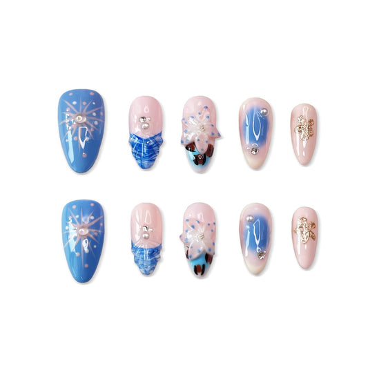 Handmade Press on Nails Medium Almond Fake Nails Press Ons Summer 3D Luxury Cute Flower Full Cover Stick on Nails Floral Glue on Nails for Women Girls Manicure (Blue Summer M)