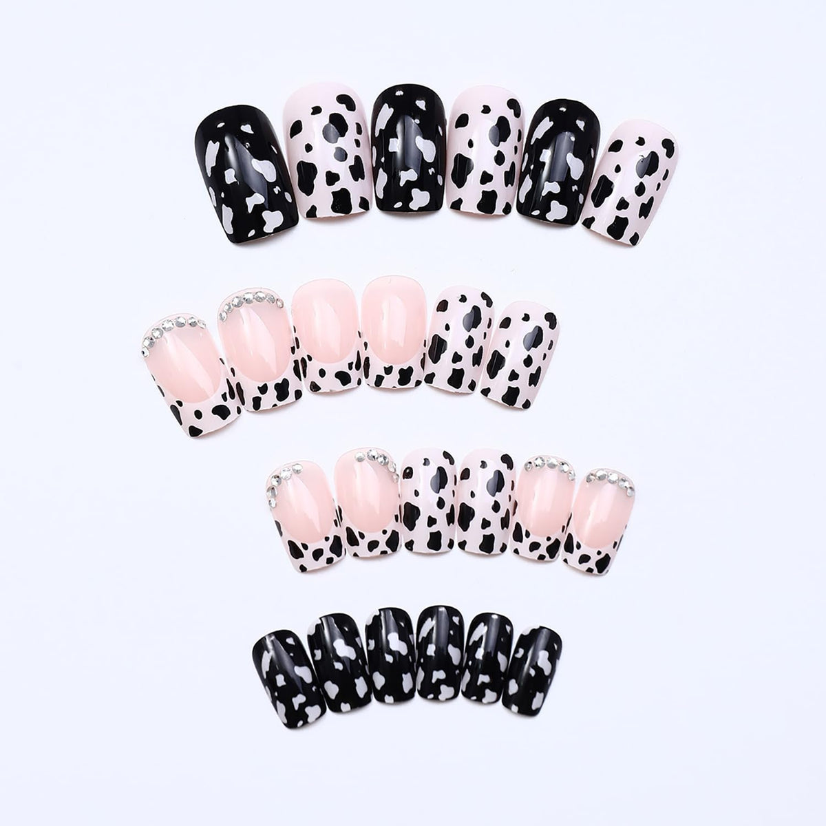 24 Pcs French Tip Press on Nails Short Square Shaped Fake Nails with Cow Print and Rhinestones Design Pink Glossy Leopard Acrylic Nails Full Cover Stick on Nail for Women Nail Manicure Decoration