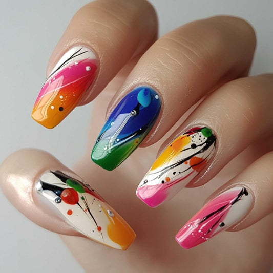 Gifiky Long Coffin False Nails Colorful Graffiti Press on Nails Cute Gradient Nails Tips Acrylic Full Cover Fake Nails for Women and Girls 24Pcs