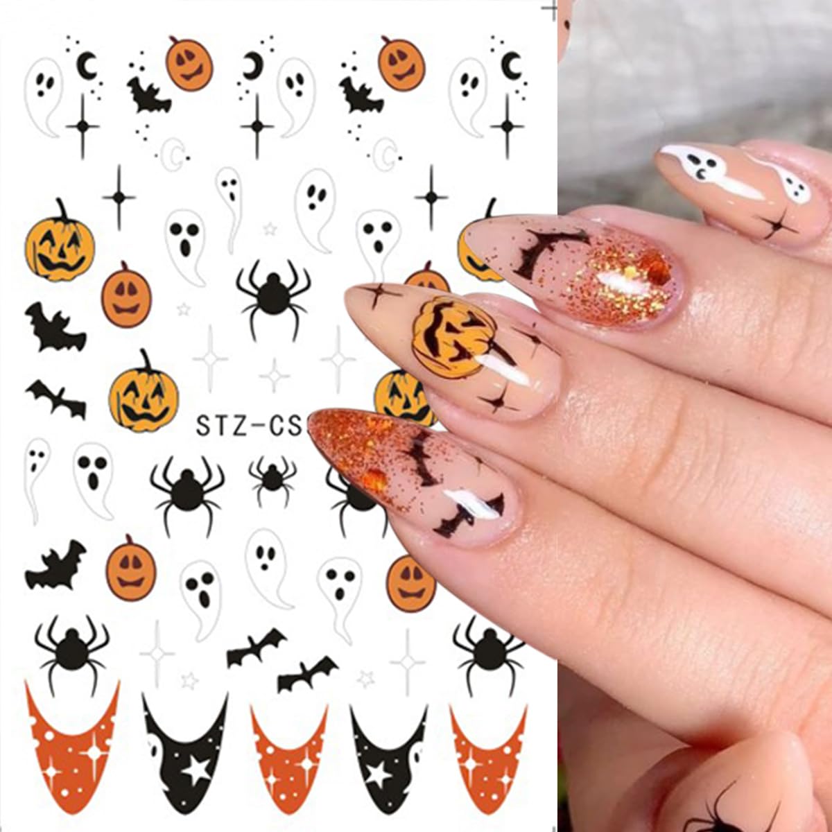 8 Sheets Halloween Nail Stickers 3D Self-Adhesive Horror Mushroom Nail Art Stickers Cat Flower Spider Pumpkin Nail Design Cute Ghost with French Tip Gothic Nail Decals for Women Manicure Salon