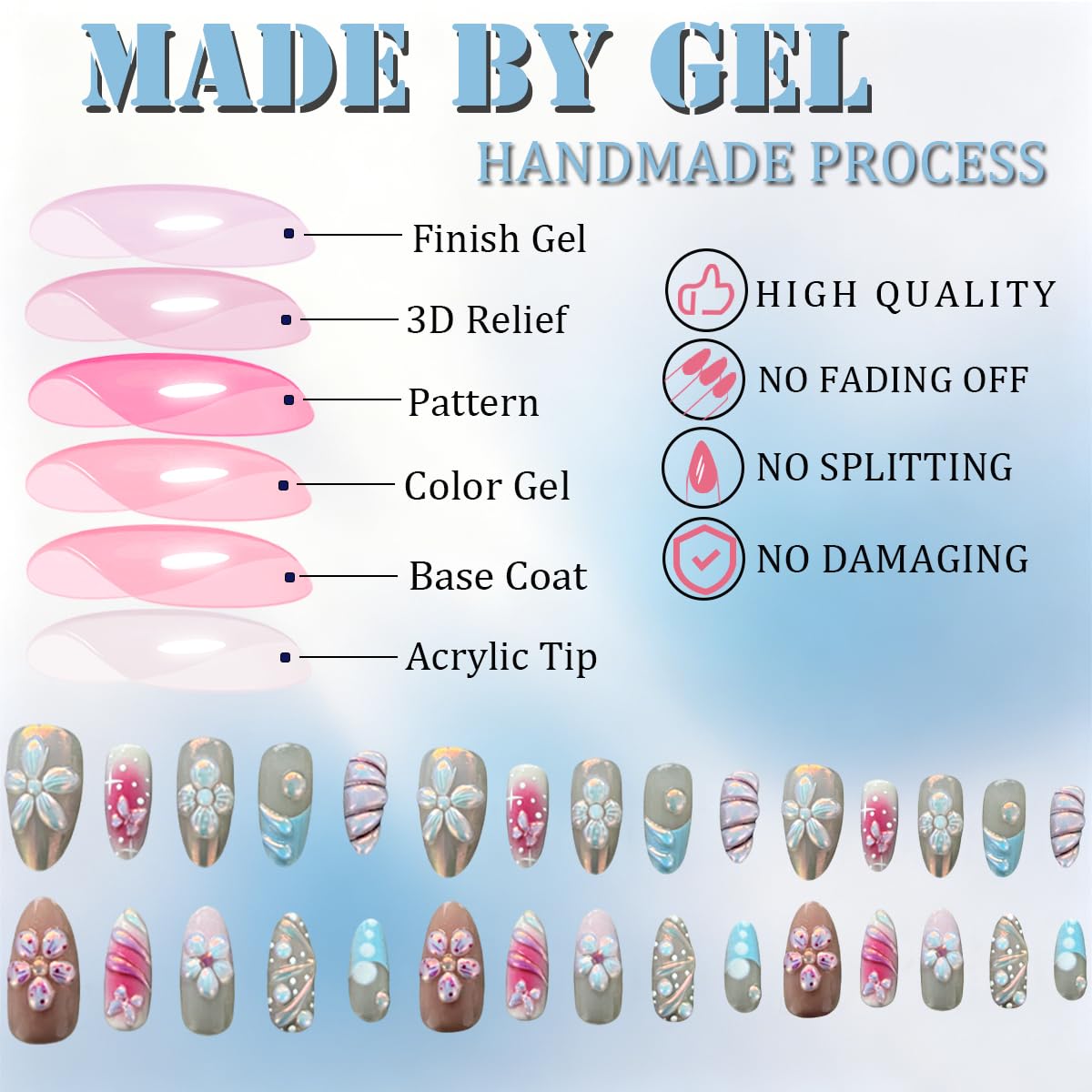 3D Press On Nails Almond Medium French Fake Nails with Cat's Eye Embossed Flower&Butterfly Summer Designs, Acrylic Artificial Nail Press ons False Stick On Nails for Women Girls 30Pcs