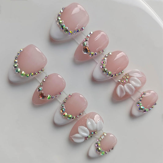 Gleamrain Handmade Press on Nails Short Almond for Women,Handcrafted Floral Design Reusable Full Cover Fake Nails for Daily Wear Party Birthday P202