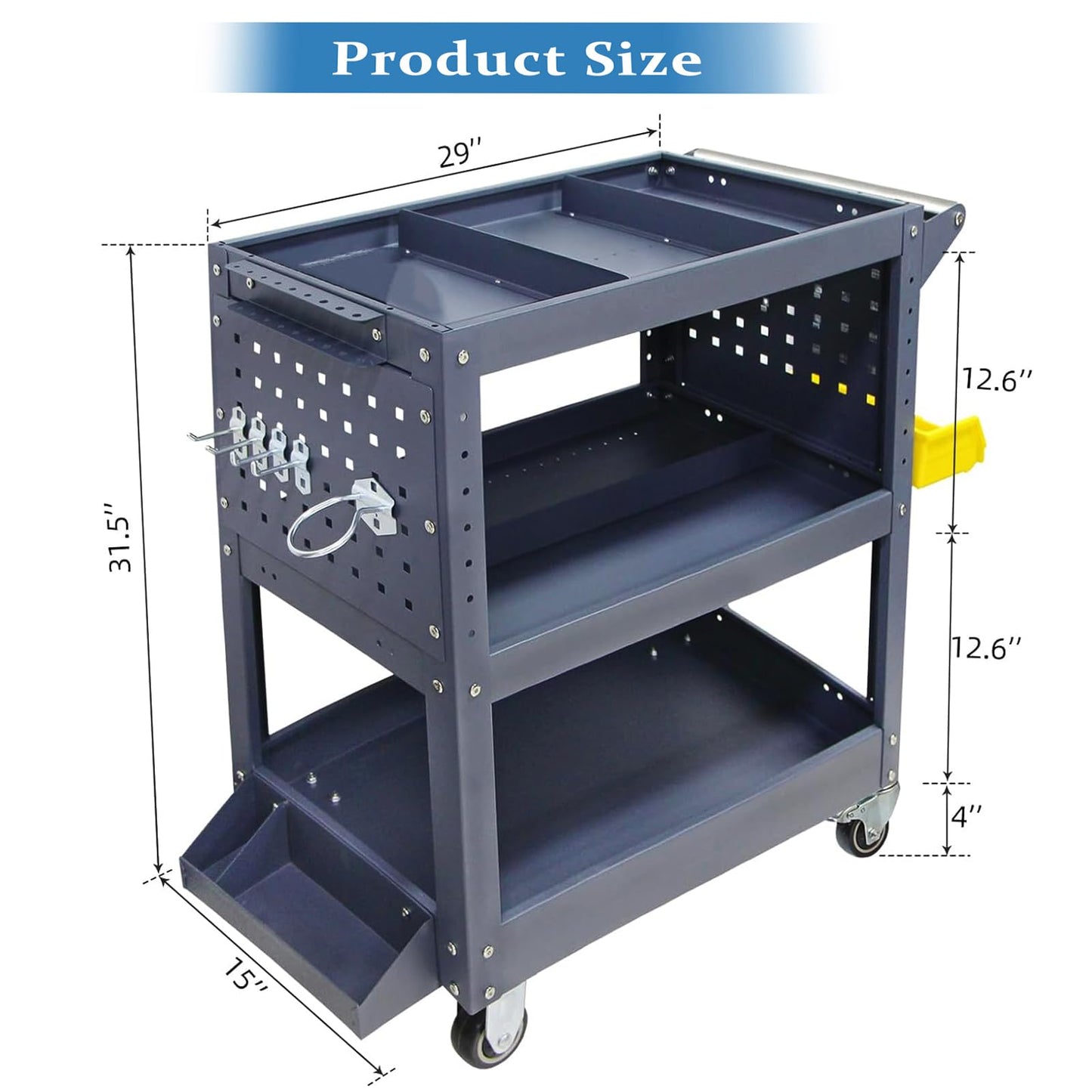 Mechanics Cart, 500 lbs Capacity, 31.5"x29"x15", Rolling Tool Cart with 4 Dividers, Mesh Panels & Hanging Tray for Garage & Jobsite