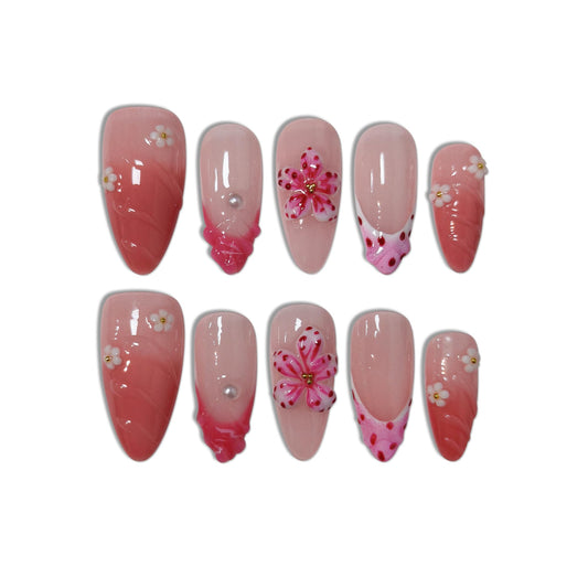 TENPAL Almond Press on Nails - Pink French Ombre & 3D Texture with Polka Dot & Wave Carving, Reusable & Handmade False Nails for Spring Summer | Sweet Watercolor Style(XS)