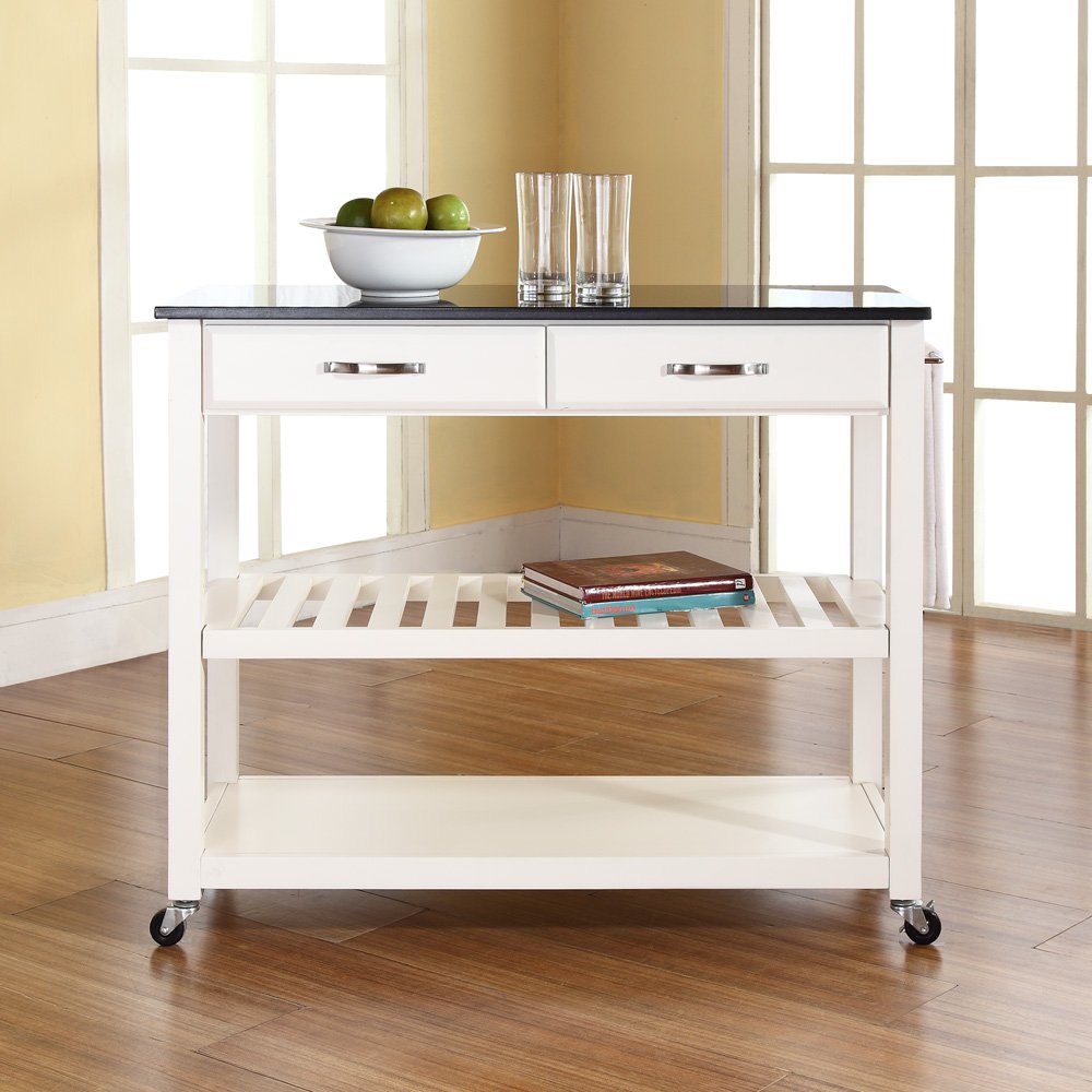 Crosley Furniture Granite Top Kitchen Prep Rolling Cart, Microwave Stand, Coffee Bar, with Shelves, White