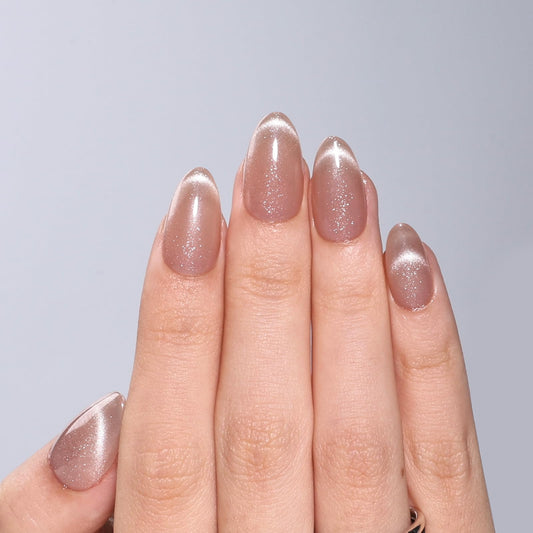 Cat Eye Press On Nails - Short Almond Cat Eye French Tip Press On Nails Press Ons for Women Nude Fake Nails with Glue, Glossy Reusable Glue on Nail in 16 Sizes - 32pcs