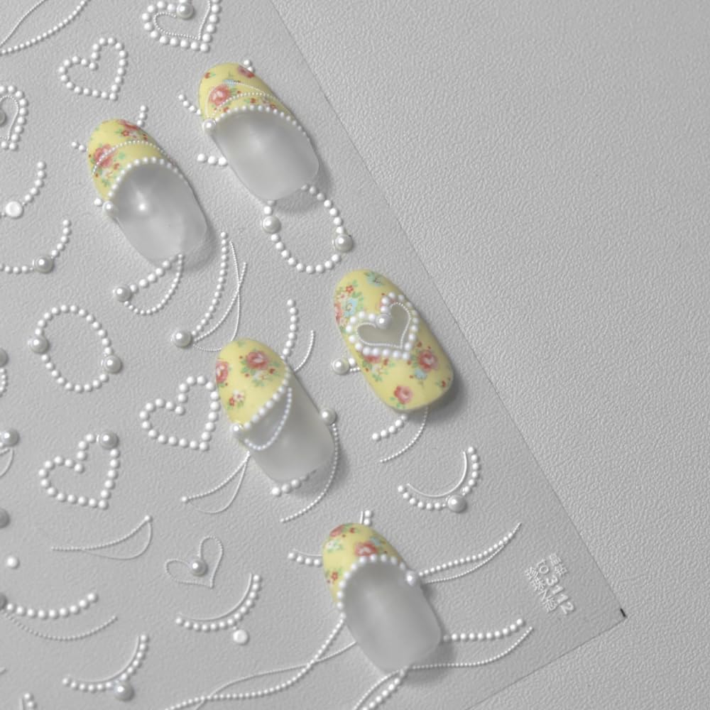 Rhinestones Pearls Nail Stickers 5D Embossed – Premium Salon-Quality Nail Charm Accessories, Easy Application & Self-Adhesive Pearl Chains for DIY Manicure, Nail Art, Press on, Home or Salon Use