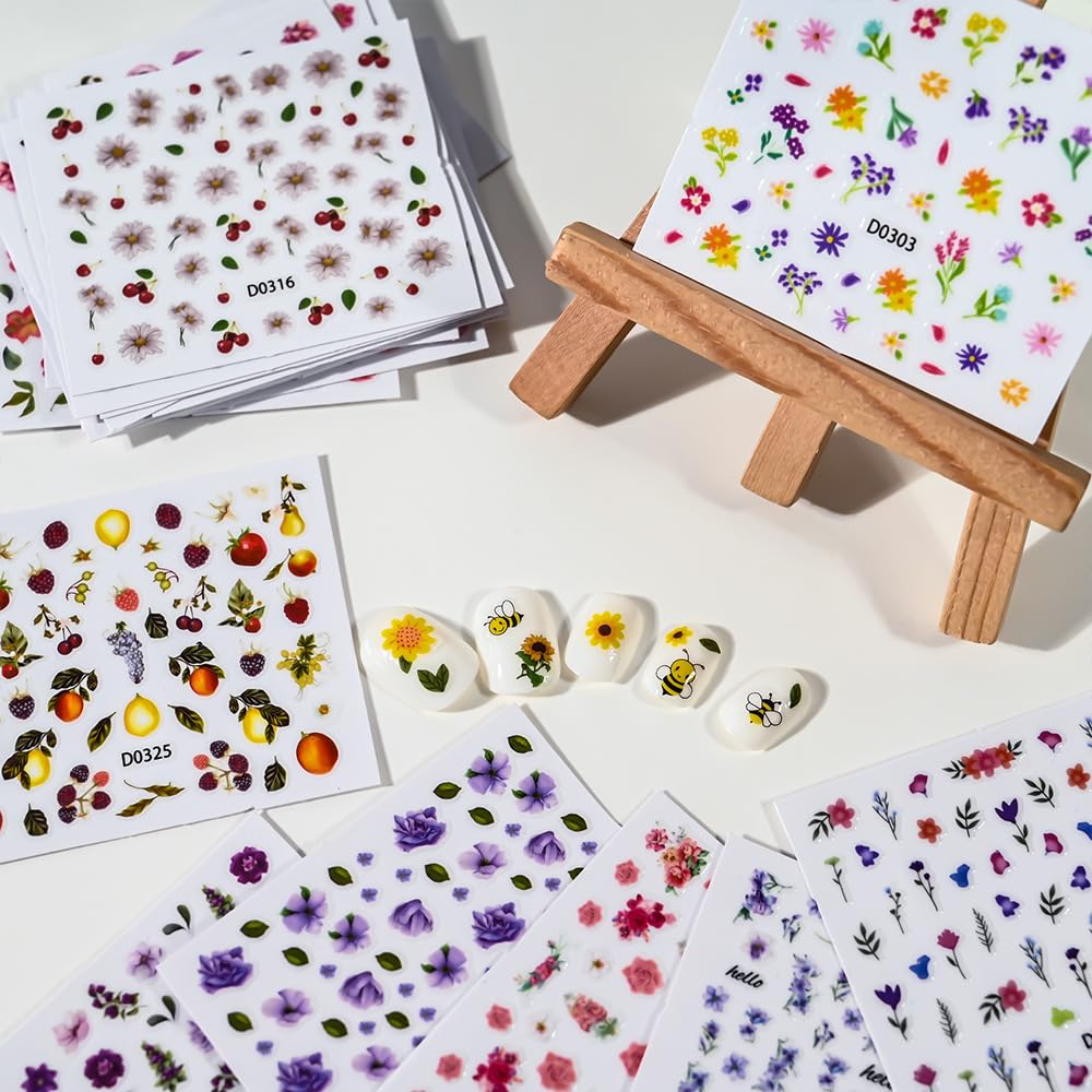 30 Sheets Flower Nail Stickers for Nail Art, 3D Self-Adhesive Wildflower Nail Decals, Sunflower Lavender Spring Nail Supplies Nail Art Design Accessories for Women and Girls Manicure DIY Decoration