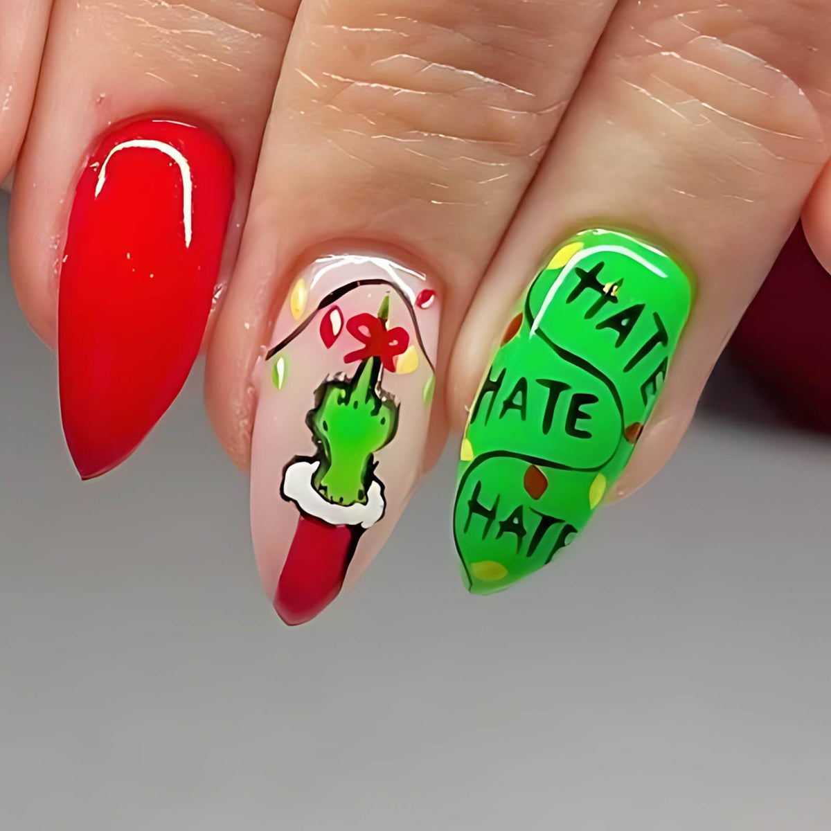 Christmas Press On Nails Medium Almond Green Fake Nails with Glue Winter Snowflake Cartoon Design,Christmas Nails Short False for Women Kids Holiday Xmas Gifts