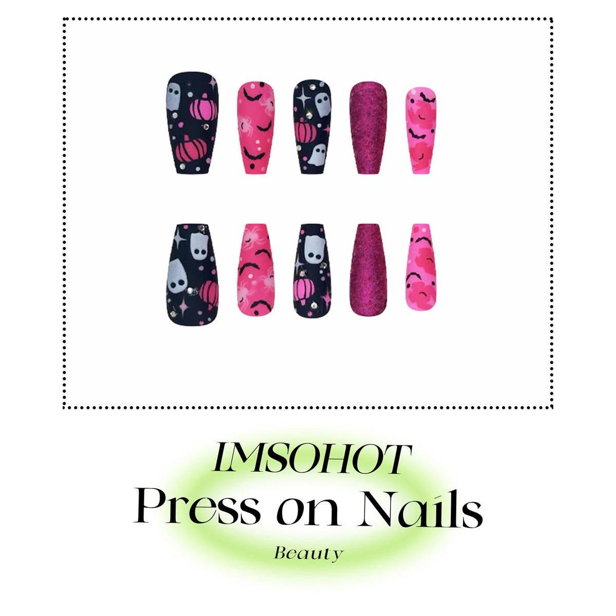 IMSOHOT Press on Nails - Pink Black, Long Coffin Fake Nails with Ghost, Bat, Spider Designs Full Cover Glue on Nails Cute Glitter Ballerina False Nails for Women Nail Decoration