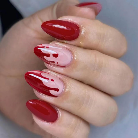 TOGZOM Red Almond Press on Nails Medium Halloween Fake Nails Blood Full Cover Acrylic Nails Horror Glue on Nails Press ons Glossy Stick on Nails Set for Women Girls Nails Decoration 24Pcs, Style18
