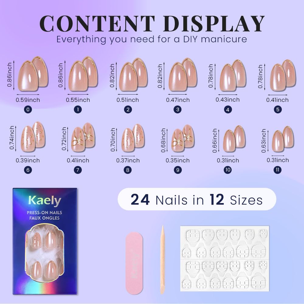 evpct Pale Nude Cat Eye Press on Nails Short Almond No Glue, 3D Gold Line Design Short Almond Stick on Nails for Women, Reusable Full Cover Soft Press on Fake Nail Perfectly Fit with 3D Bowknot Design