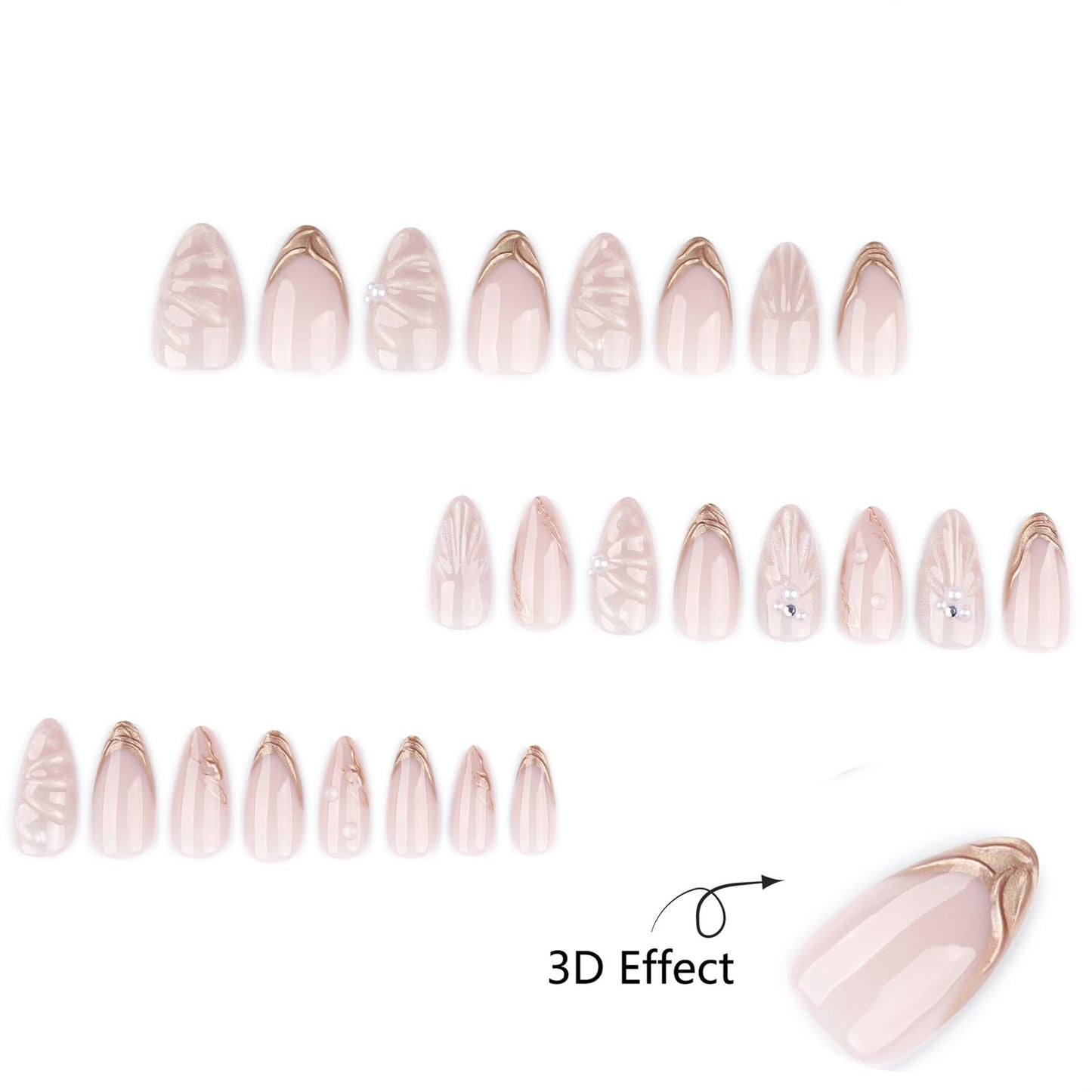 3D Press On Nails Soft Gel Reusable, 24PCS Luxury Pearl Sculpted Almond Fake Nails, Gold French Tips Artificial Nails, Glue-On Nails for Women, Acrylic Look, Salon Quality