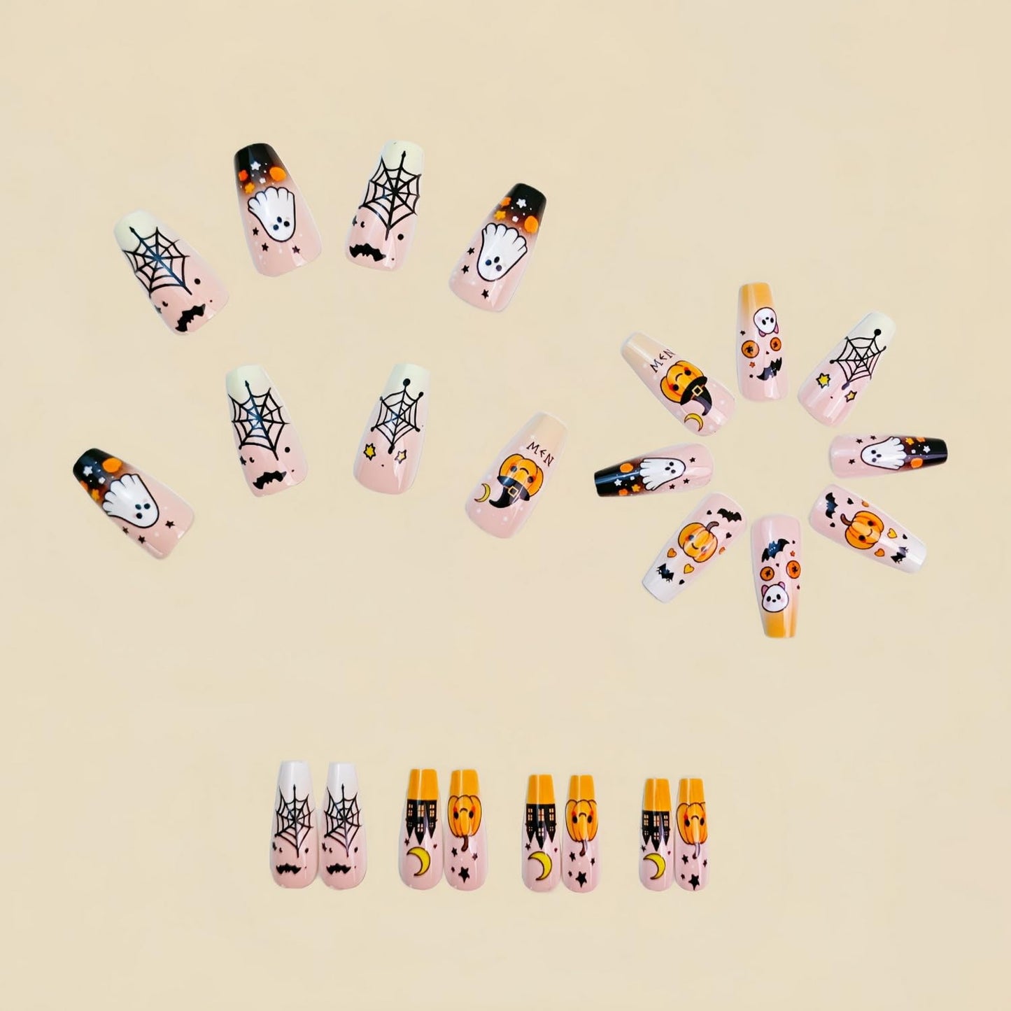 Halloween Press on Nails Full Cover Medium Coffin Fake Nails with Cute Ghost Pumpkin Stick on Nail Halloween Spider Web Bat Glue on Nail Glossy Acrylic Nails for Women Girls Manicure 24 Pcs