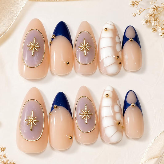 2IM Studio Handmade Press On Nails, Elegant Nude 3D Floral French Tip with Pearl Rhinestones, Almond Medium Length Full Cover Thick Reusable Acrylic Nail Kit for Women 10PCS (Midnight Muse-S)